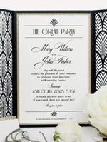 Luxury Glittering Art Deco 20s Gatsby Gate Laser Cut Gatefold Wedding Day Invitation with Gold envelopes