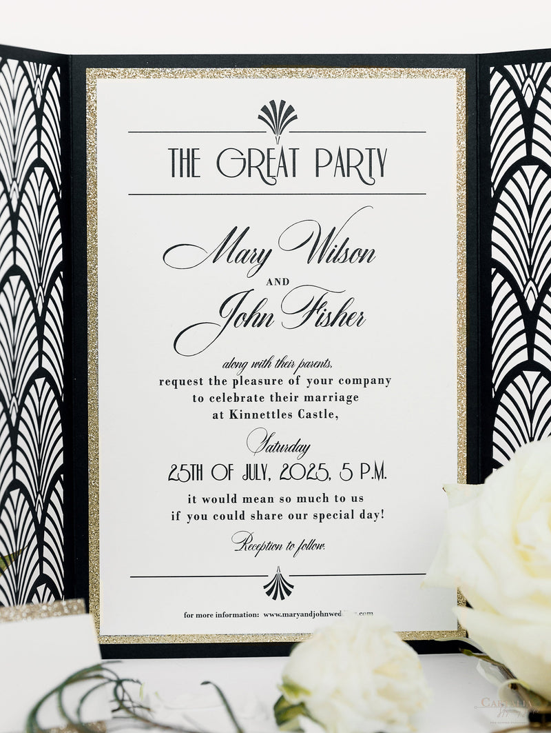Luxury Glittering Art Deco 20s Gatsby Gate Laser Cut Gatefold Wedding Day Invitation with Gold envelopes