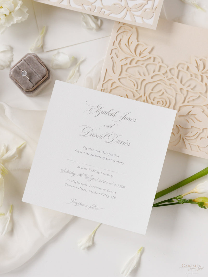 Classic Elegance Laser cut Pull out folder Invitation in Cream and Champagne Metallic Colours
