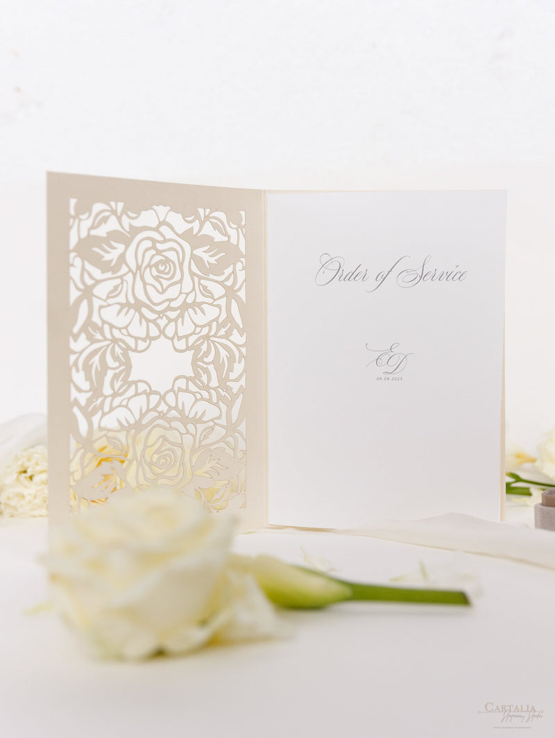Classic Elegance Laser cut Cream and Champagne Metallic Colours Order of Service / Menu