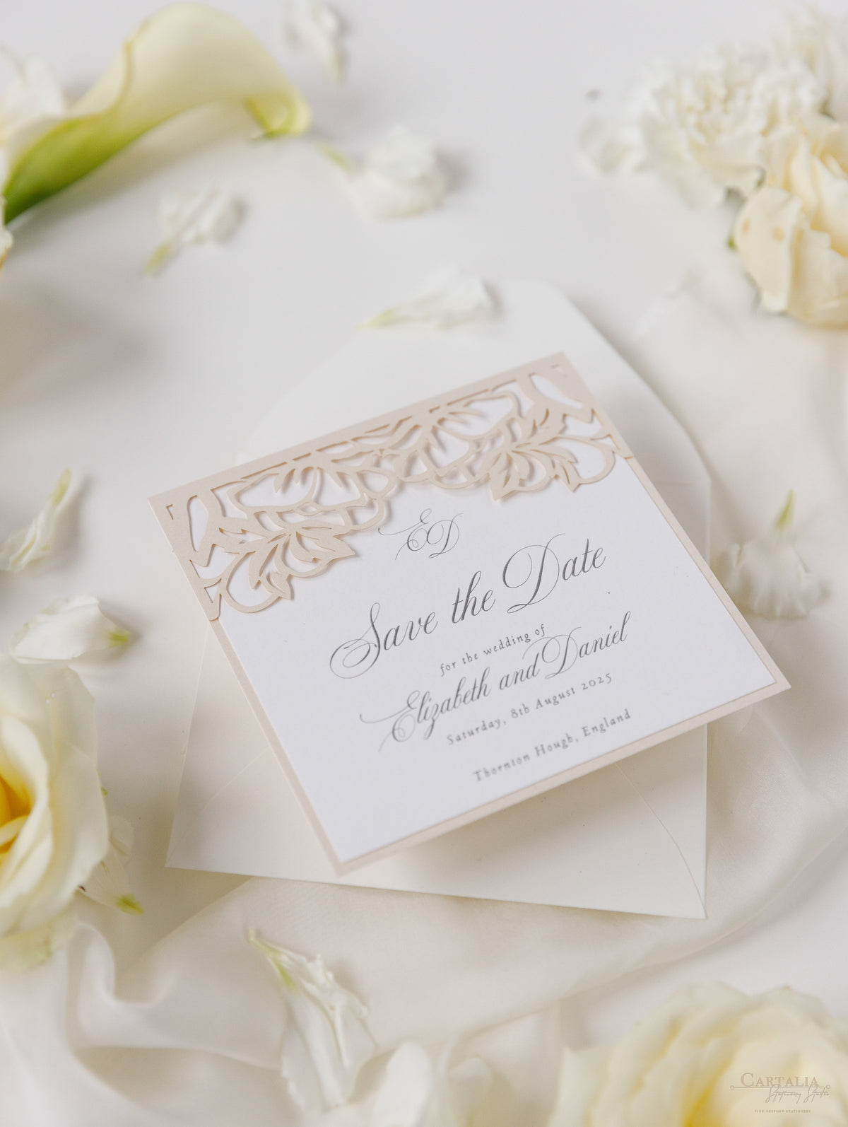 Classic Elegance Laser cut Save The Date Card In Champagne