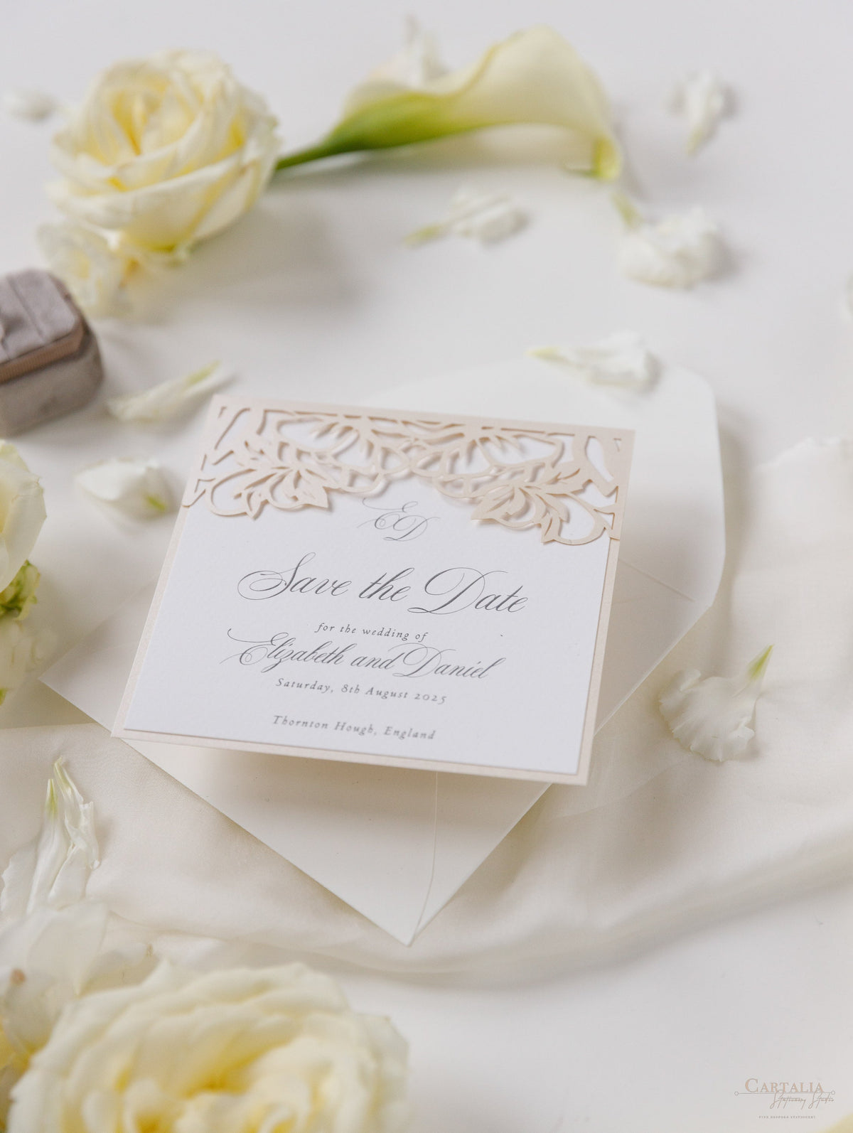 Classic Elegance Laser cut Save The Date Card In Champagne