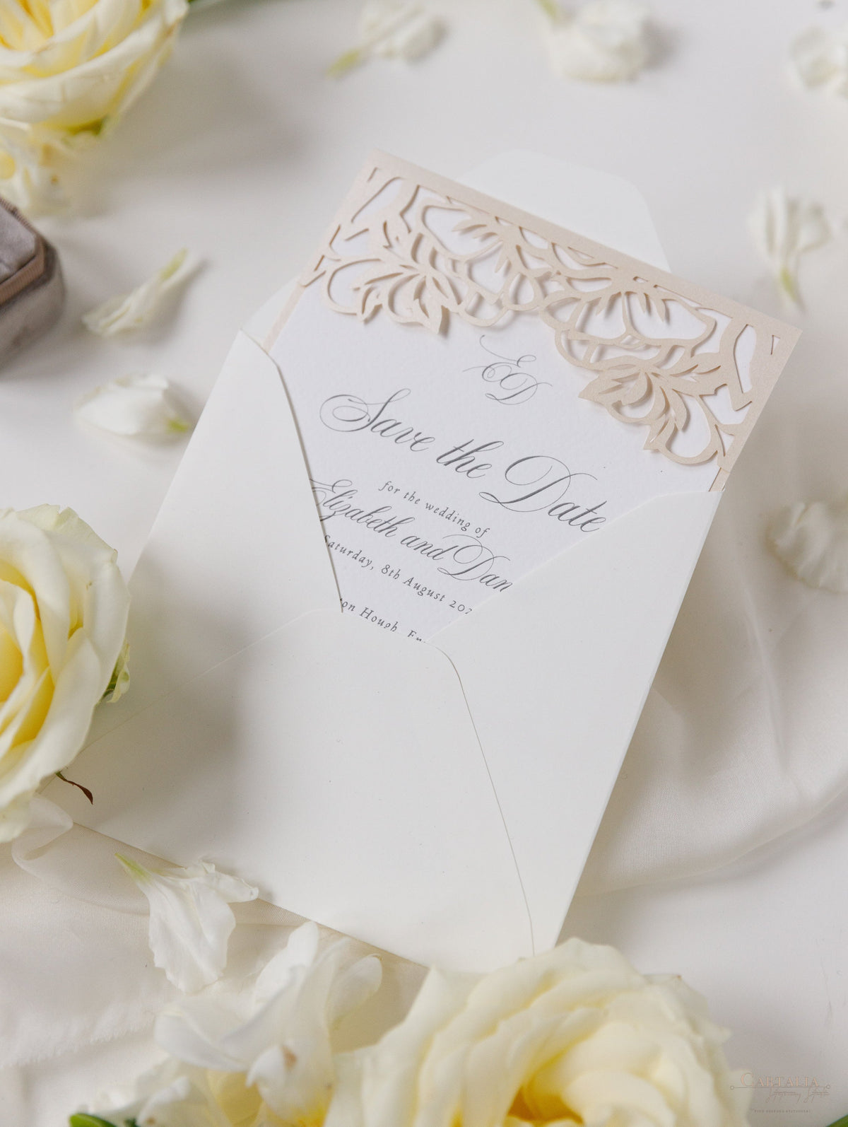 Classic Elegance Laser cut Save The Date Card In Champagne