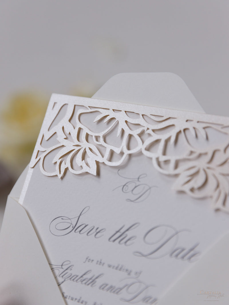 Classic Elegance Laser cut Save The Date Card In Champagne