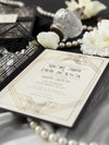 Puerta art déco negra intrincada cortada con láser, invitación de boda del Gran Gatsby con monograma de banda para el vientre