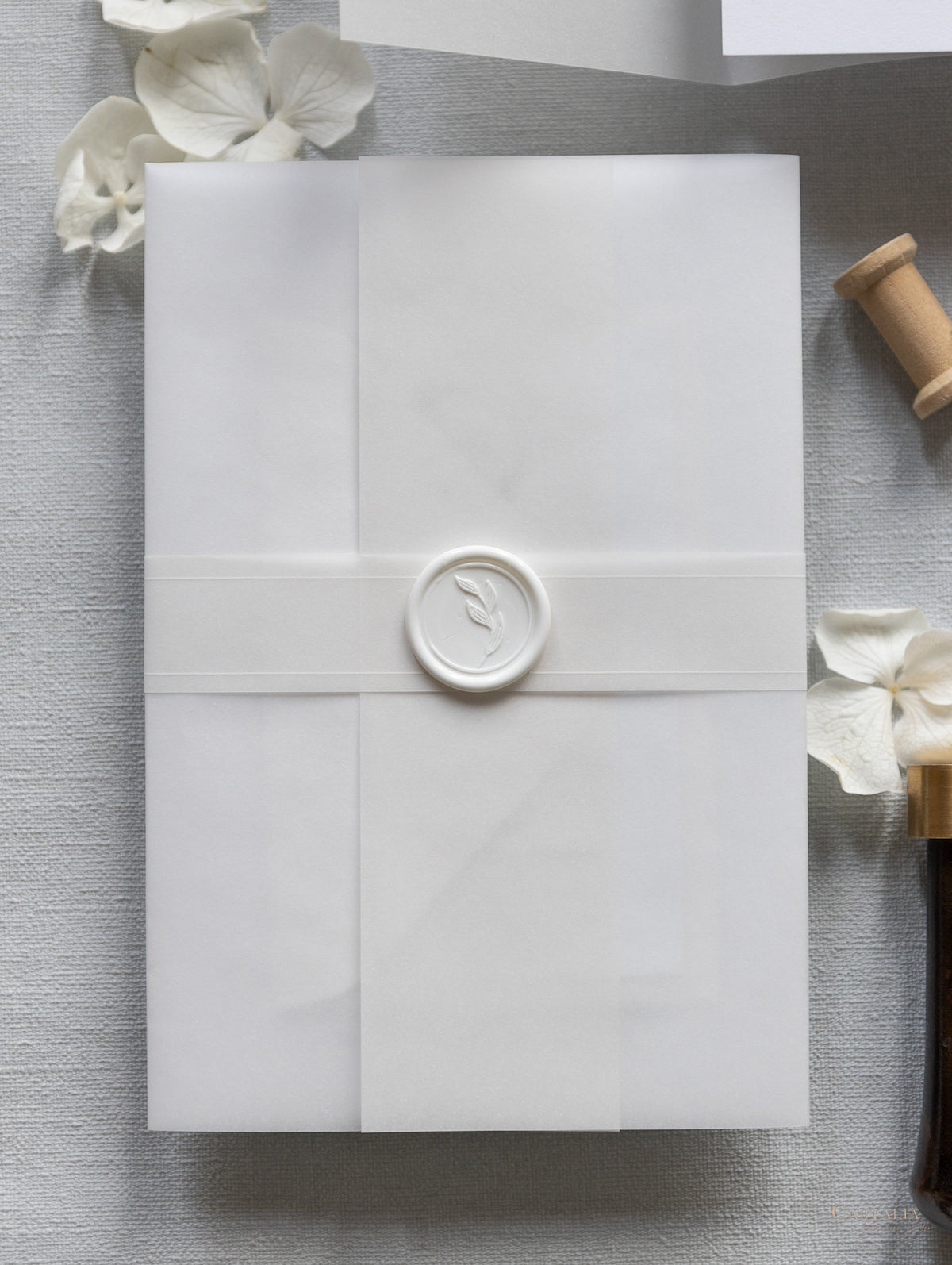 Modern Calligraphy Vellum Wrap Wedding Invitation Suite with White Wax Seal