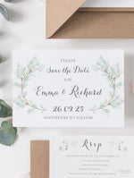 Reserva la fecha para boda rústica con hoja de acuarela de eucalipto verde