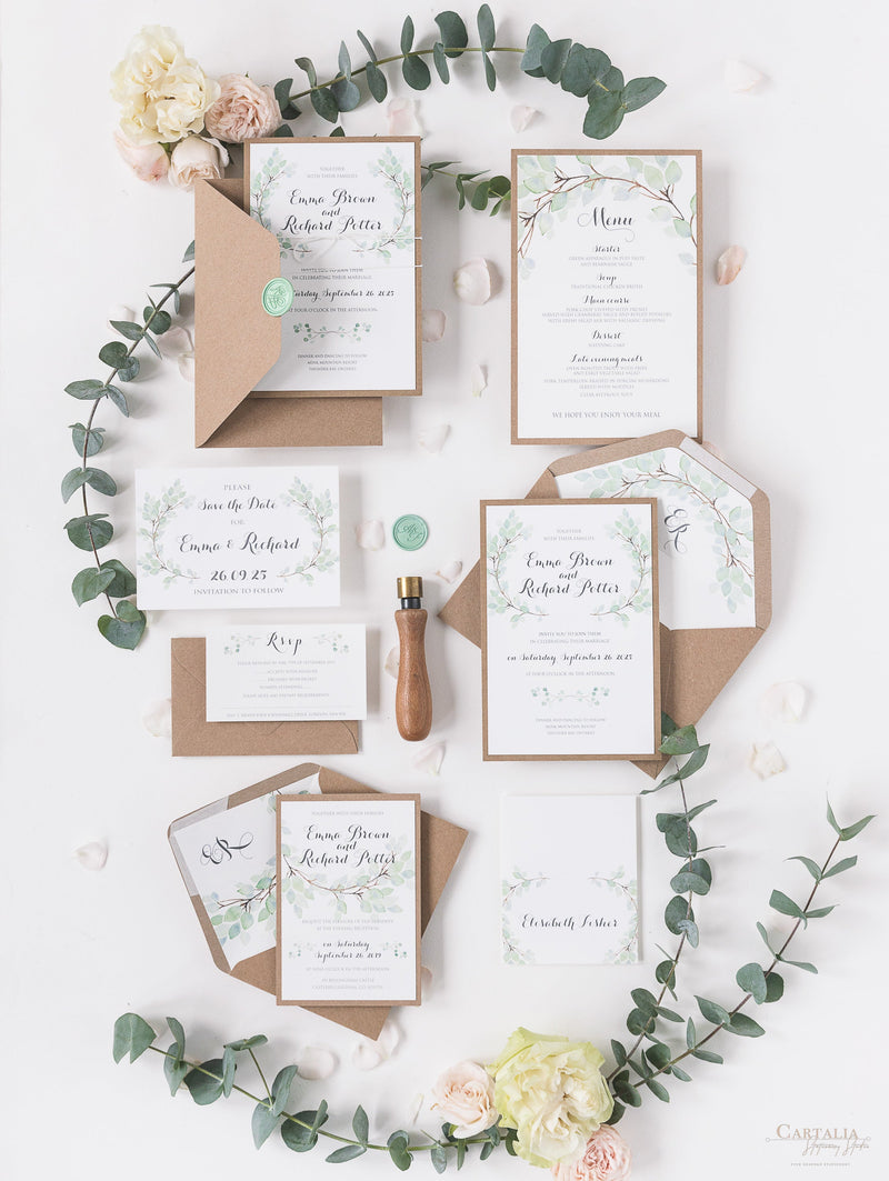 Green Watercolour Leaf Rustic Wedding Place Card