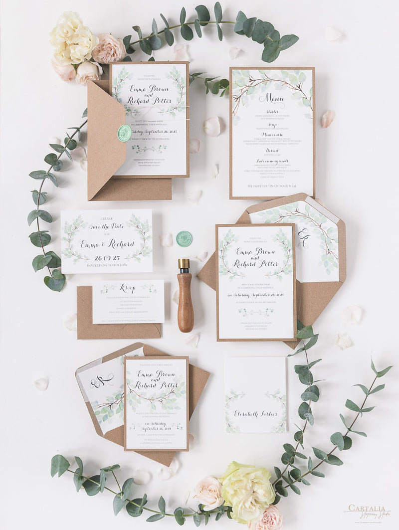 Reserva la fecha para boda rústica con hoja de acuarela de eucalipto verde