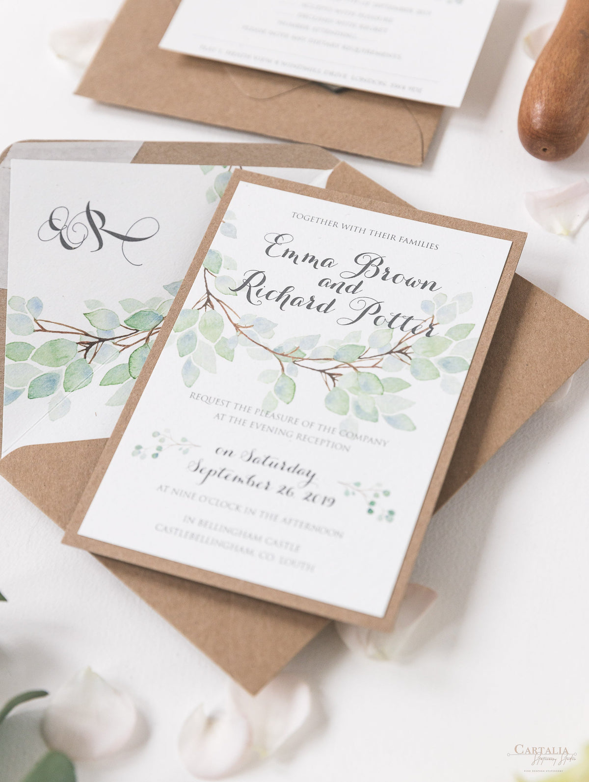 Green Watercolour Leaf Rustic Wedding Evening Invitation