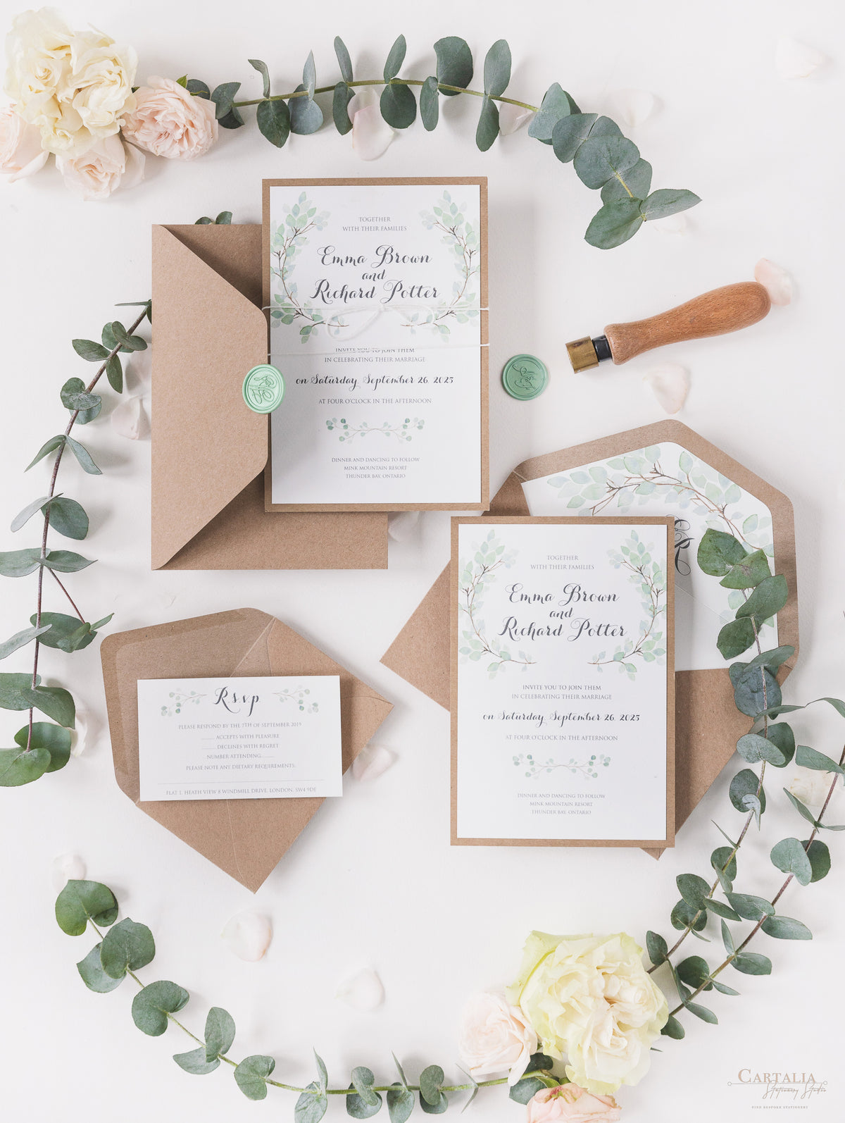 Sage Eucalyptus Wedding Day Invitation with Wax Seal