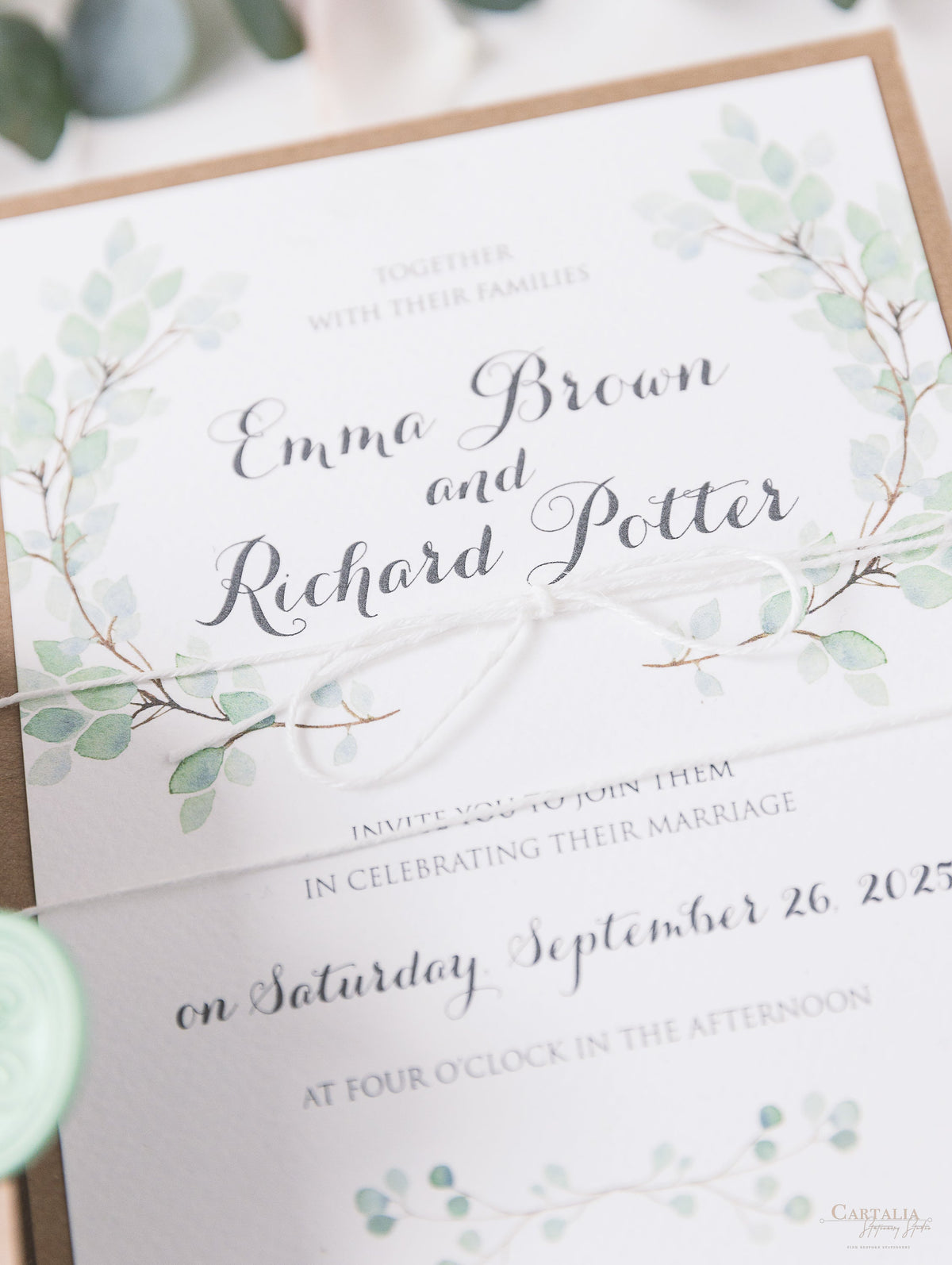 Sage Eucalyptus Wedding Day Invitation with Wax Seal