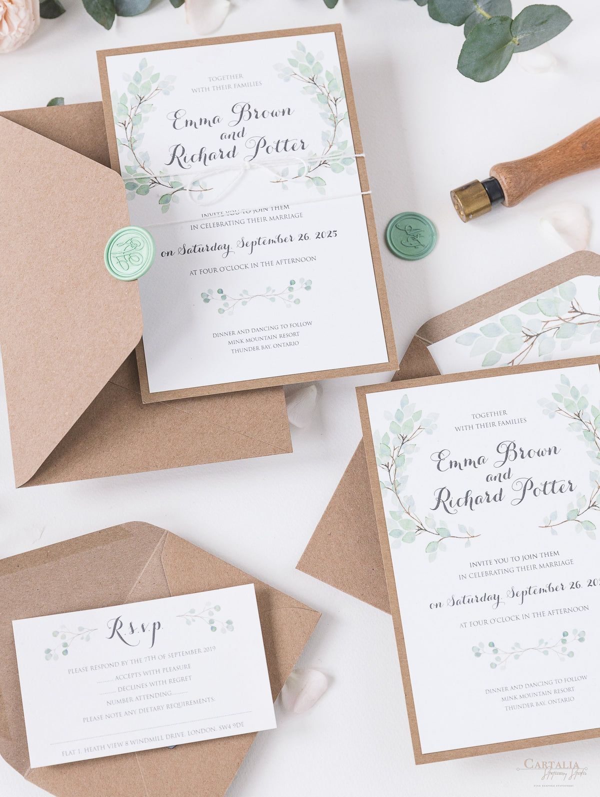 Sage Eucalyptus Wedding Day Invitation with Wax Seal