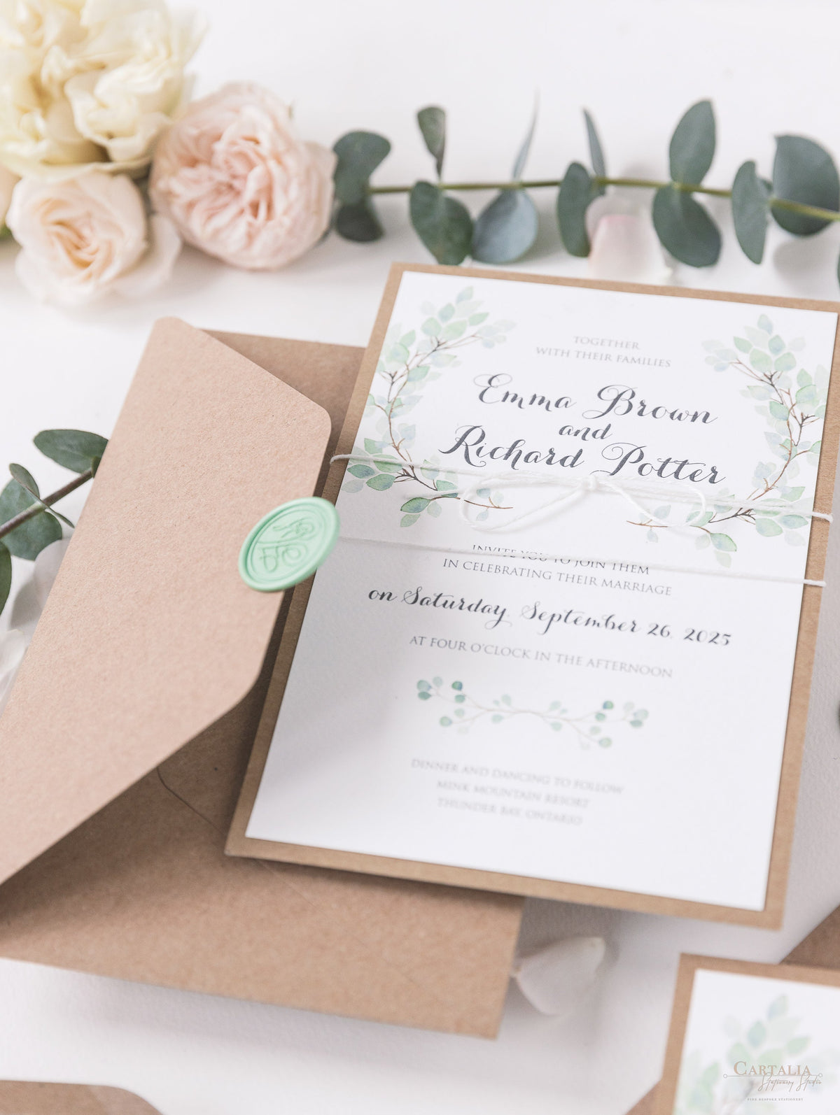 Sage Eucalyptus Wedding Day Invitation with Wax Seal