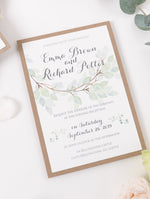 Invitación Noche de boda rústica con hoja de acuarela verde