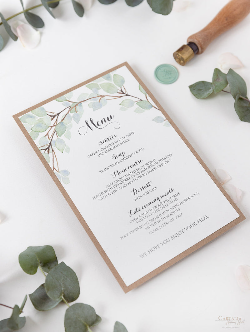 Green Watercolour Leaf Rustic Wedding Order of Service / Menu