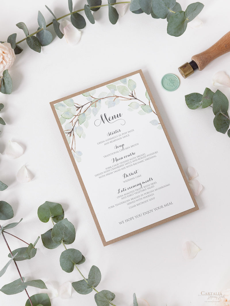 Green Watercolour Leaf Rustic Wedding Order of Service / Menu