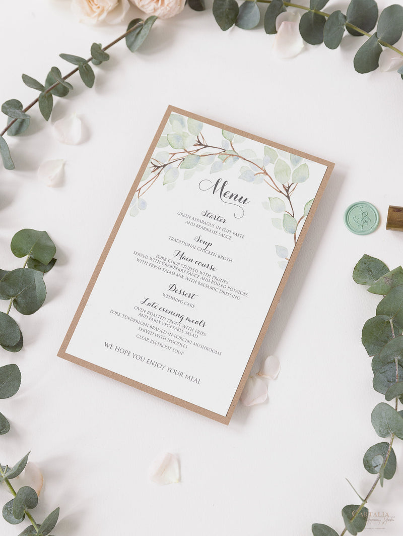 Green Watercolour Leaf Rustic Wedding Order of Service / Menu