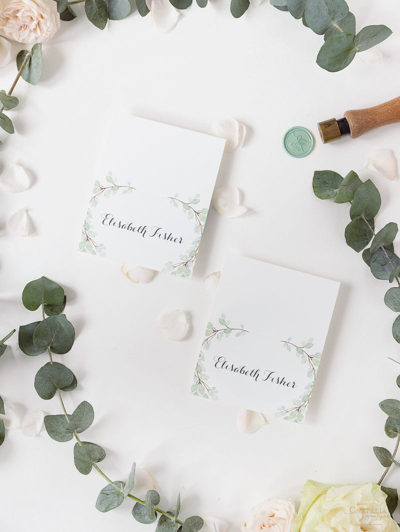 Green Watercolour Leaf Rustic Wedding Place Card