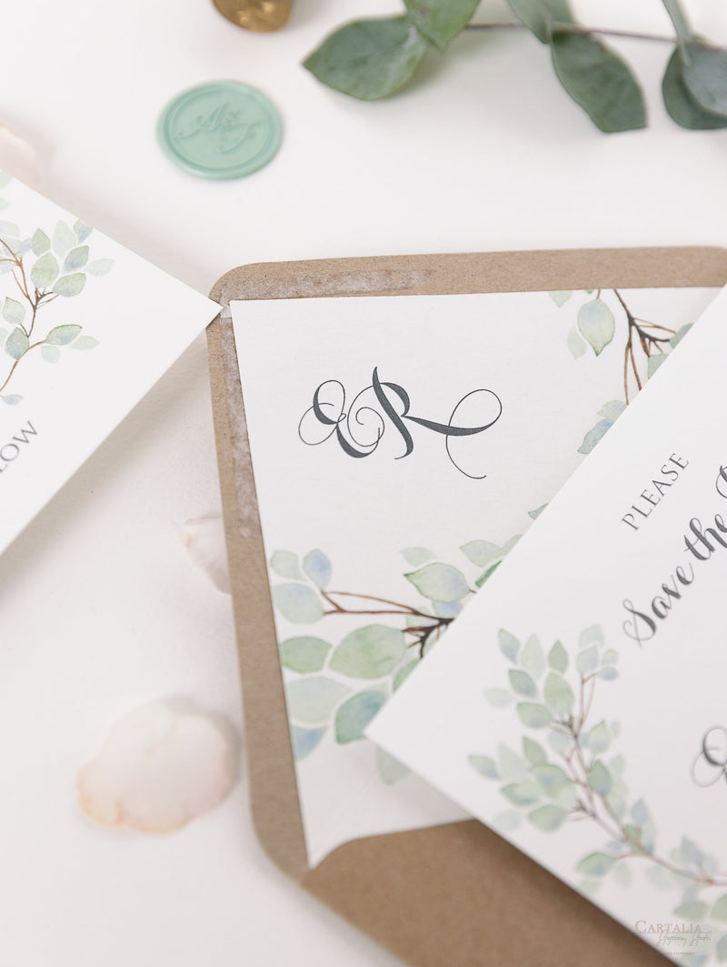 Green Eucalyptus Watercolour Leaf Rustic Wedding Save the Date