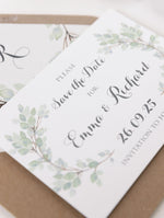Green Eucalyptus Watercolour Leaf Rustic Wedding Save the Date
