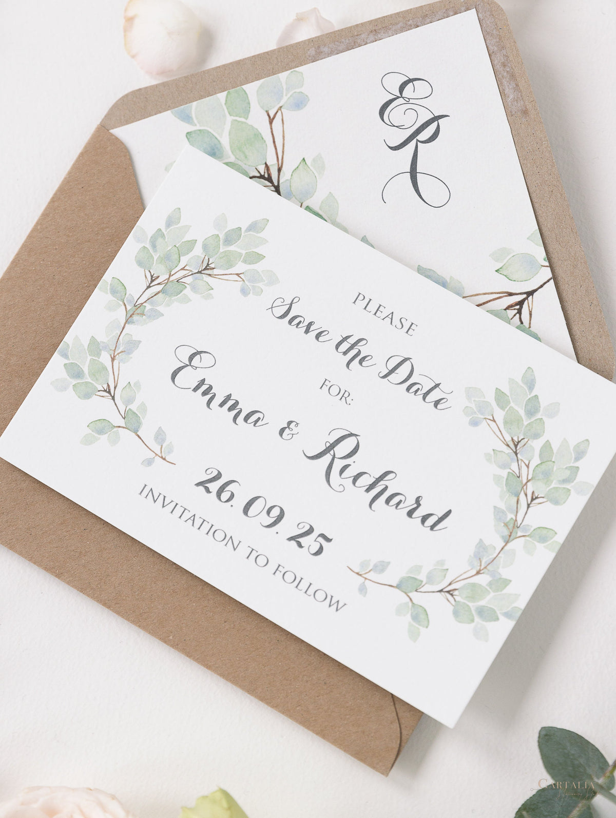 Green Eucalyptus Watercolour Leaf Rustic Wedding Save the Date