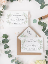 Green Eucalyptus Watercolour Leaf Rustic Wedding Save the Date