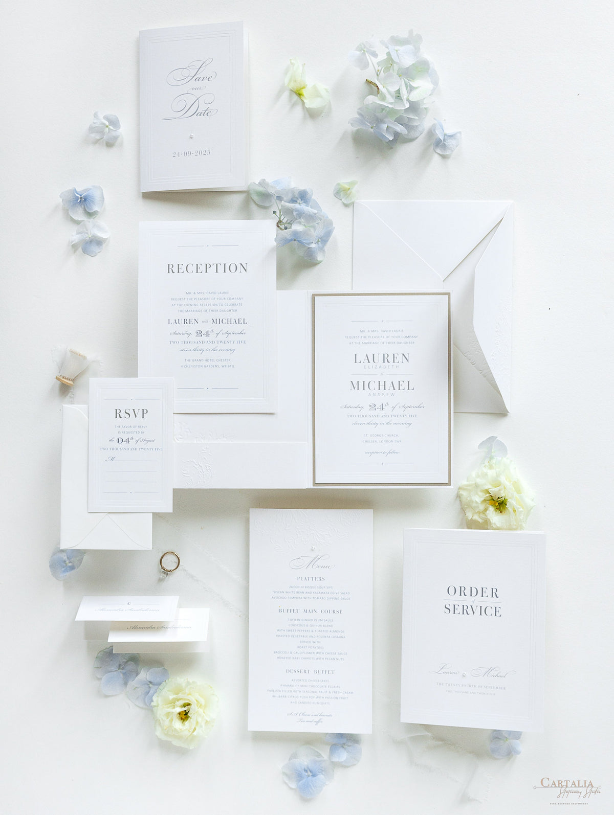 Pearl Detailed Embossed Pocket Fold Invitation Suite with Reception & RSVP