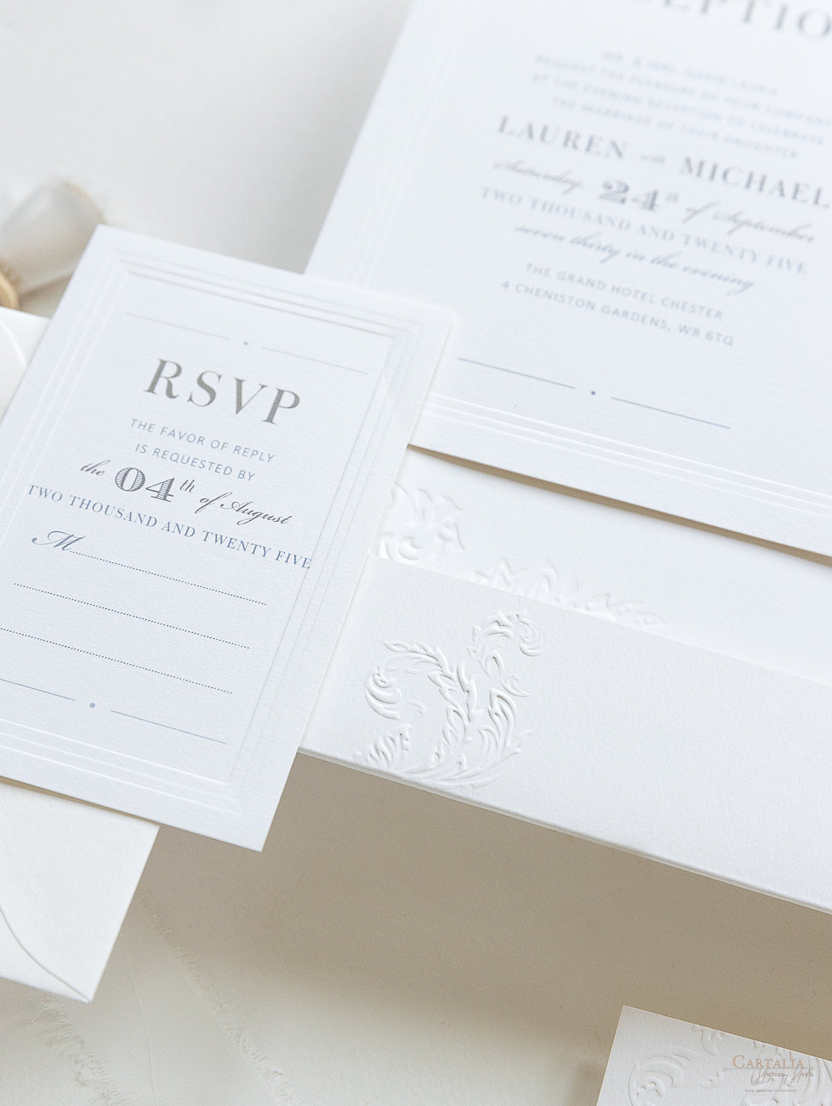 Pearl Detailed Embossed Pocket Fold Invitation Suite with Reception & RSVP