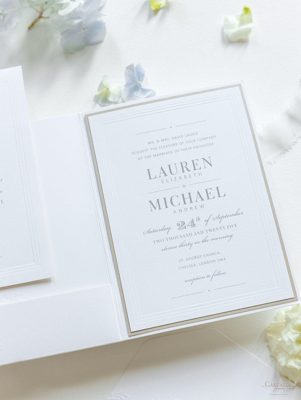 Pearl Detailed Embossed Pocket Fold Invitation Suite with Reception & RSVP