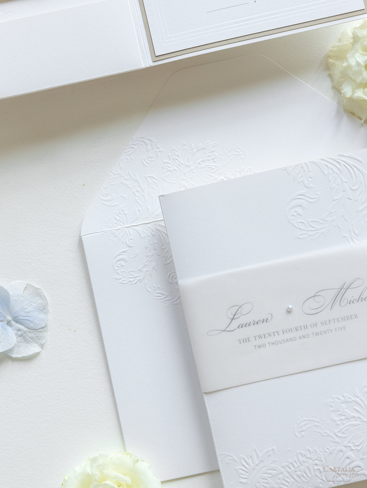 Pearl Detailed Embossed Pocket Fold Invitation Suite with Reception & RSVP