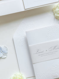 Pearl Detailed Embossed Pocket Fold Invitation Suite with Reception & RSVP