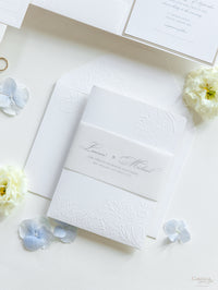 Pearl Detailed Embossed Pocket Fold Invitation Suite with Reception & Rsvp