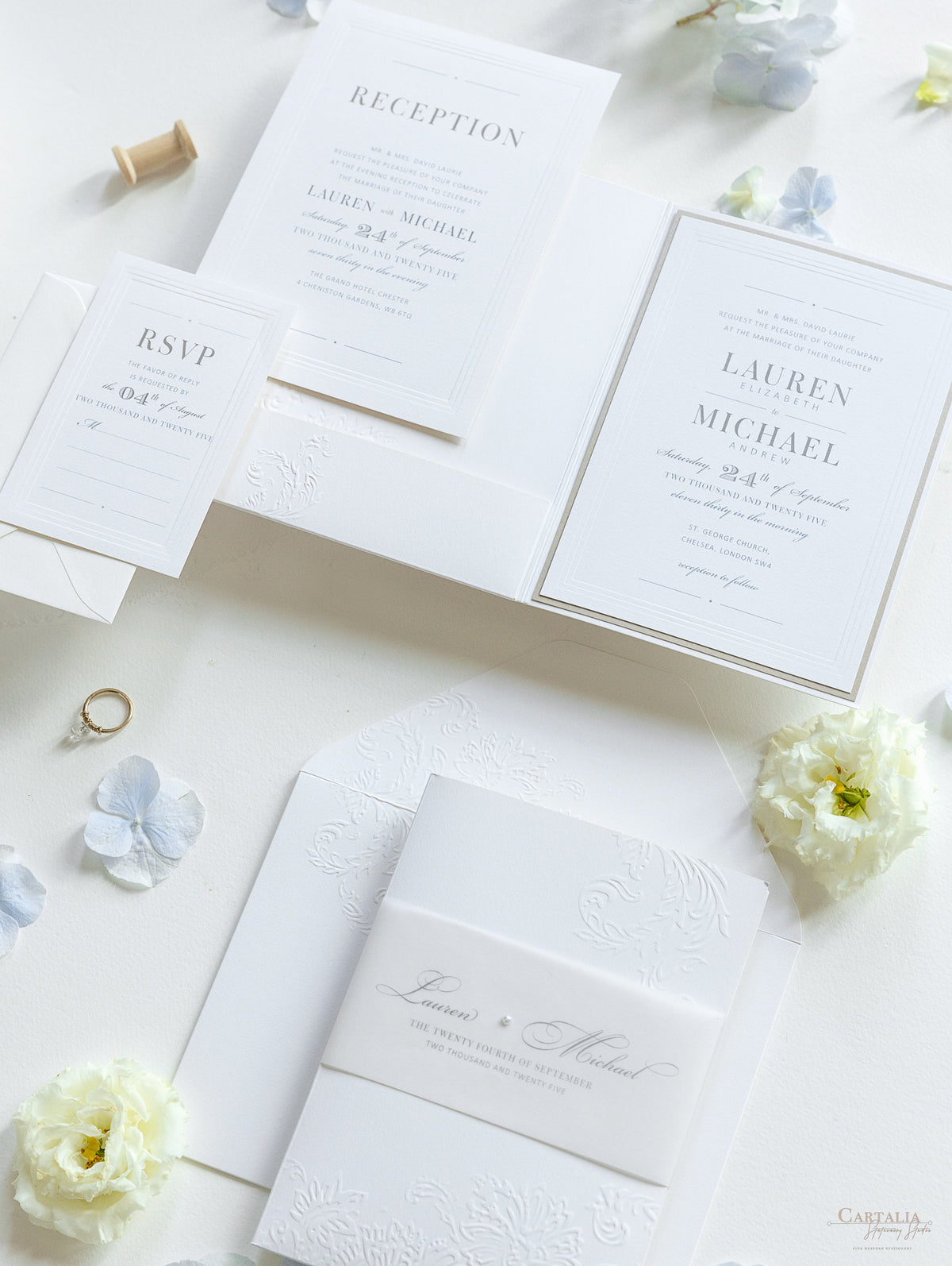 Pearl Detailed Embossed Pocket Fold Invitation Suite with Reception & RSVP