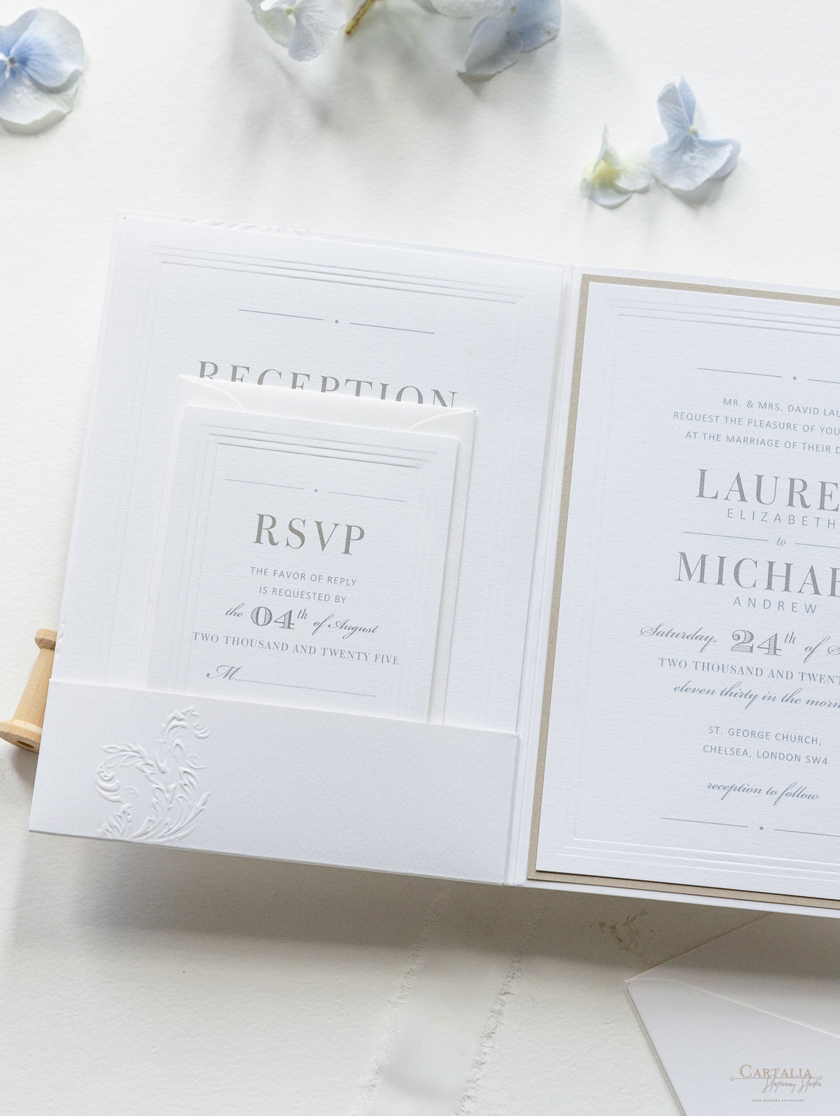Pearl Detailed Embossed Pocket Fold Invitation Suite with Reception & RSVP