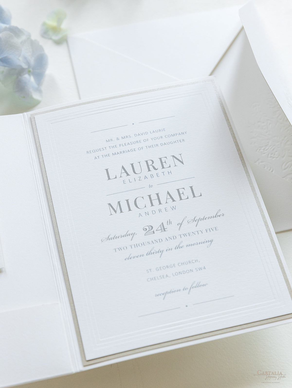 Pearl Detailed Embossed Pocket Fold Invitation Suite with Reception & Rsvp