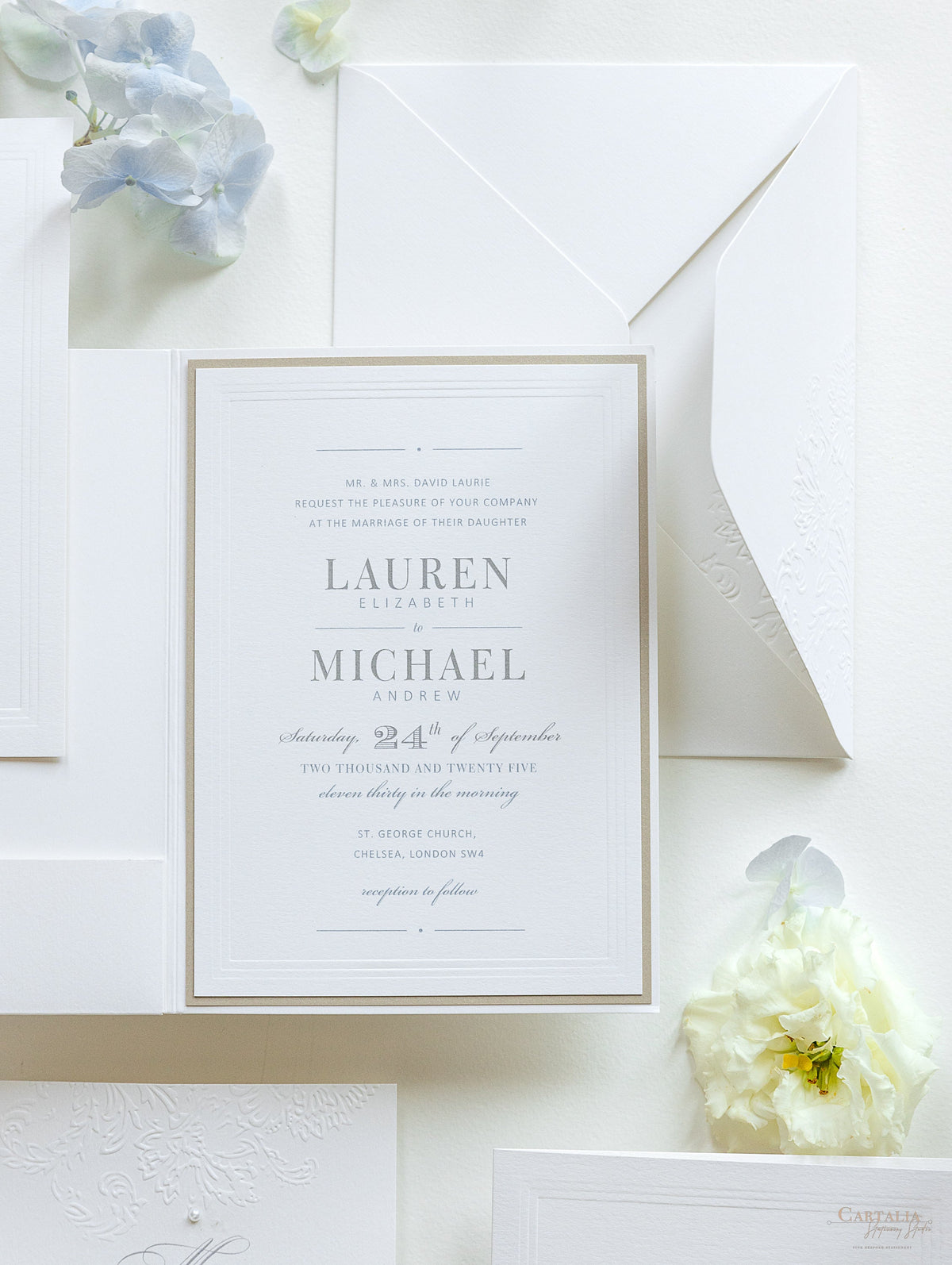 Pearl Detailed Embossed Pocket Fold Invitation Suite with Reception & RSVP