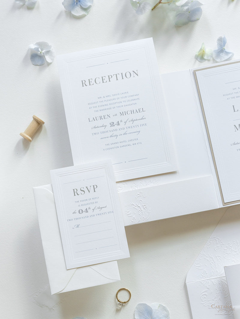 Embossed Luxury Pearl Pocket Fold Invitation with Reception and Rsvp C –  Cartalia