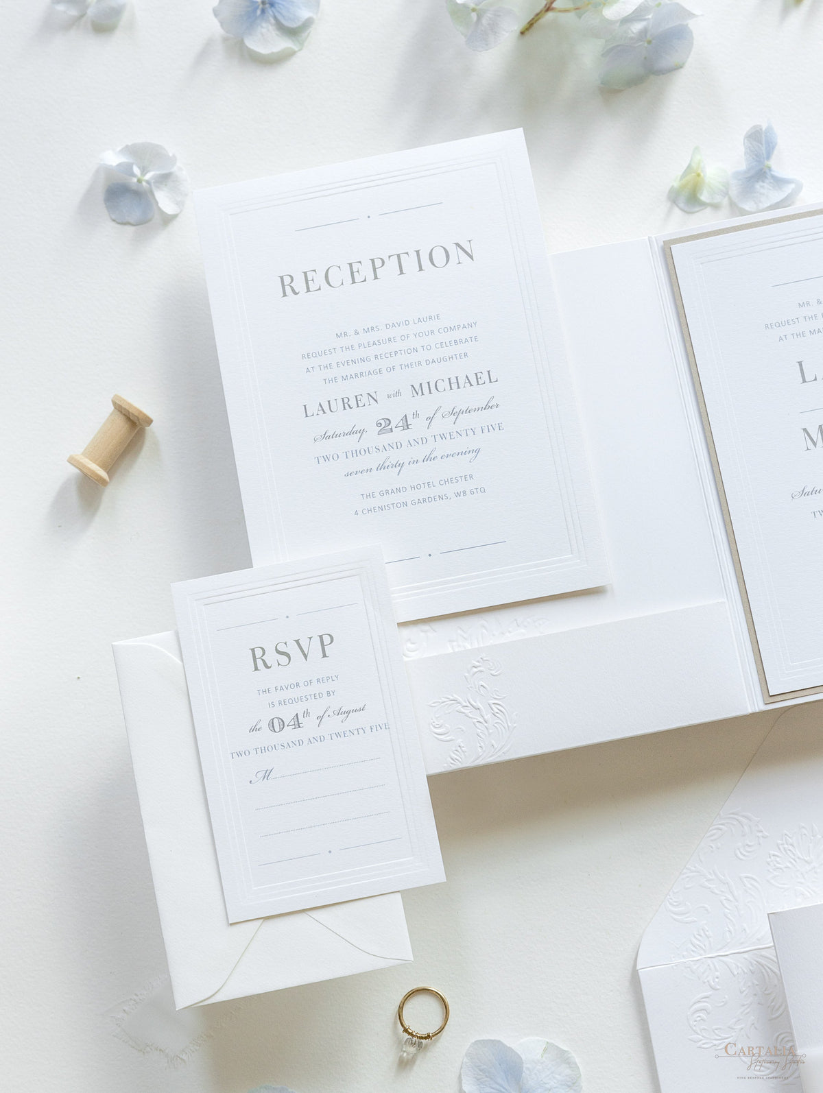 Pearl Detailed Embossed Pocket Fold Invitation Suite with Reception & RSVP