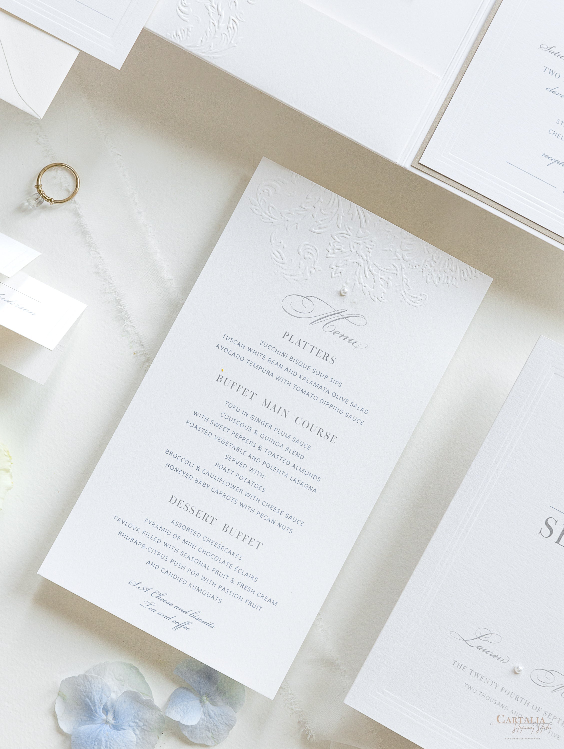 Delicate Luxurious Embossed Menu Cards with Pearl Detail – Cartalia