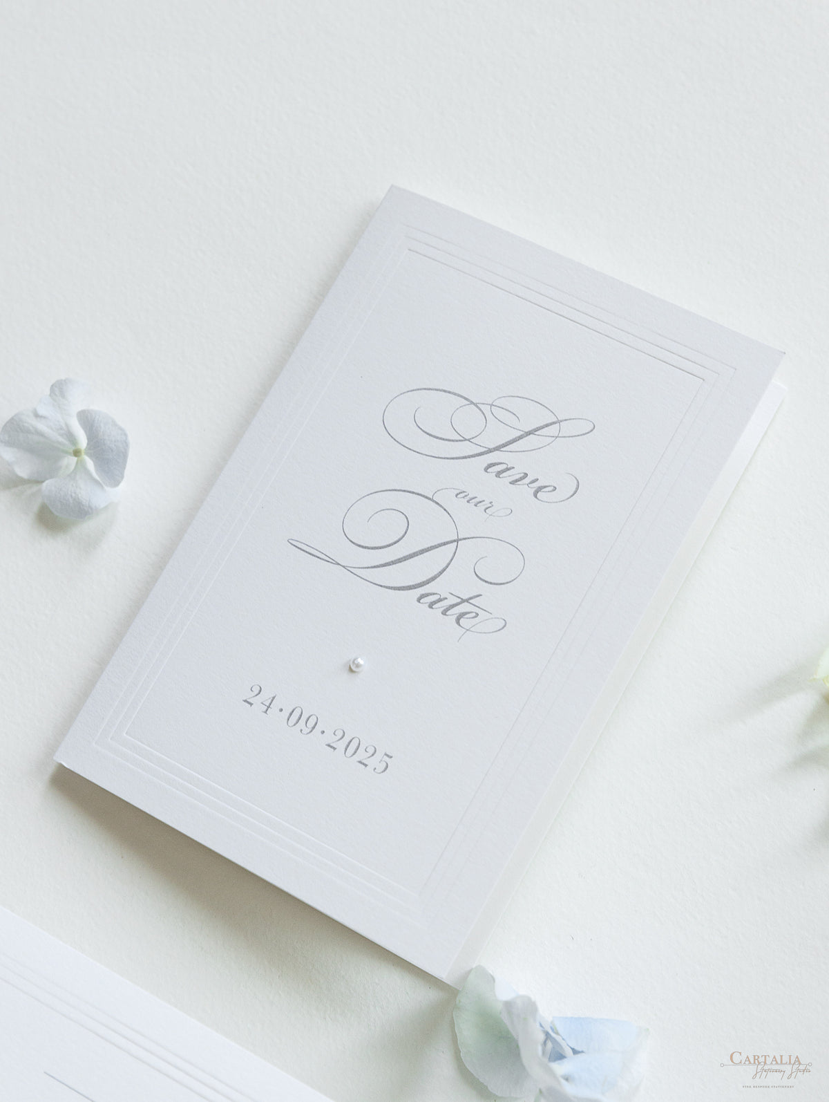 Embossed Save The Date Cards with Pearl Detail