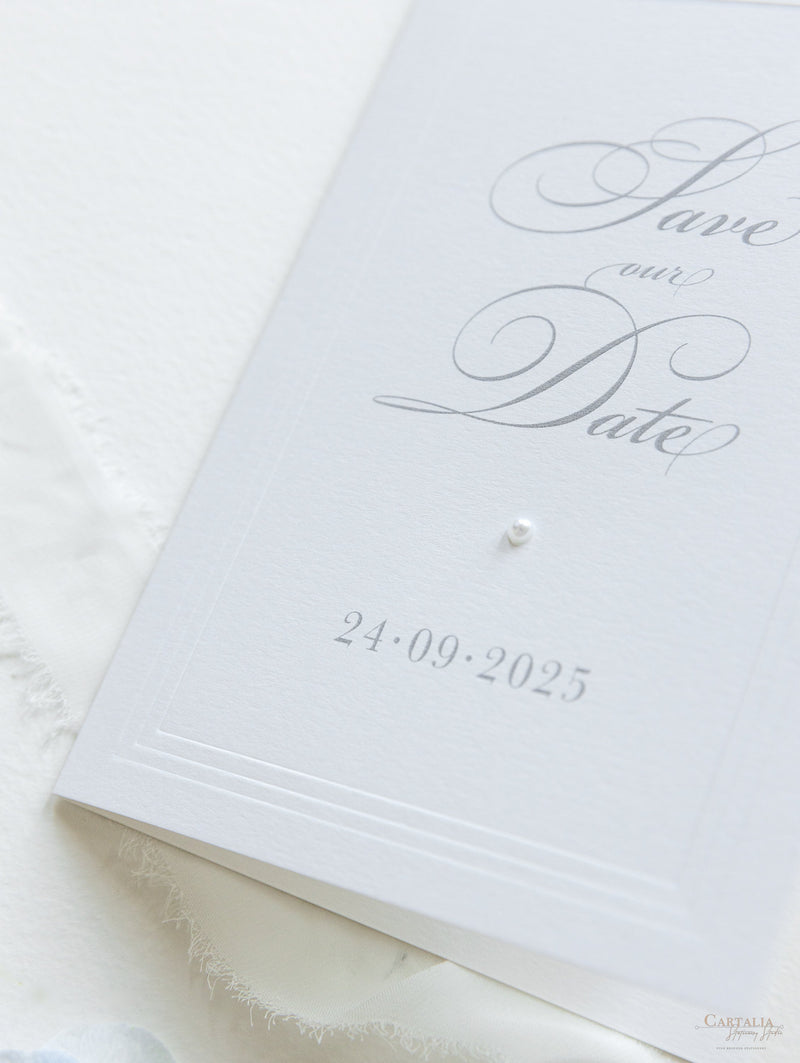 Embossed Save The Date Cards with Pearl Detail