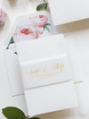 Luxury Gold Foil and Cream Romantic Roses Pocket Fold  Invitation with Parchment Belly Band + Envelopes