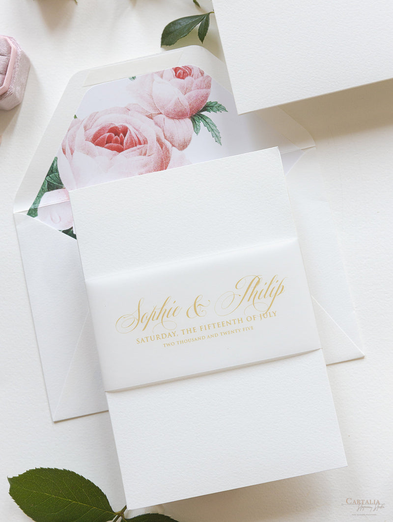 Luxury Gold Foil and Cream Romantic Roses Pocket Fold  Invitation with Parchment Belly Band + Envelopes
