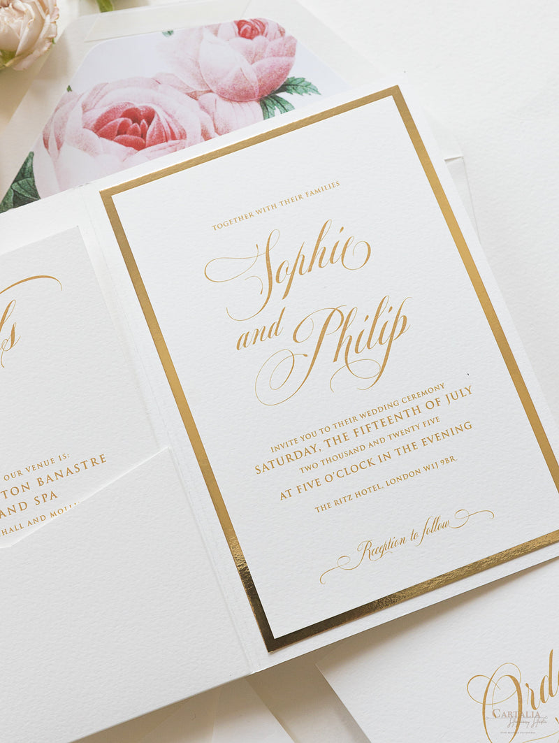 Luxury Gold Foil and Cream Romantic Roses Pocket Fold  Invitation with Parchment Belly Band + Envelopes