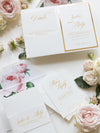 Luxury Gold Foil and Cream Romantic Roses Pocket Fold  Invitation with Parchment Belly Band + Envelopes