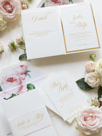 Luxury Gold Foil and Cream Romantic Roses Pocket Fold  Invitation with Parchment Belly Band + Envelopes