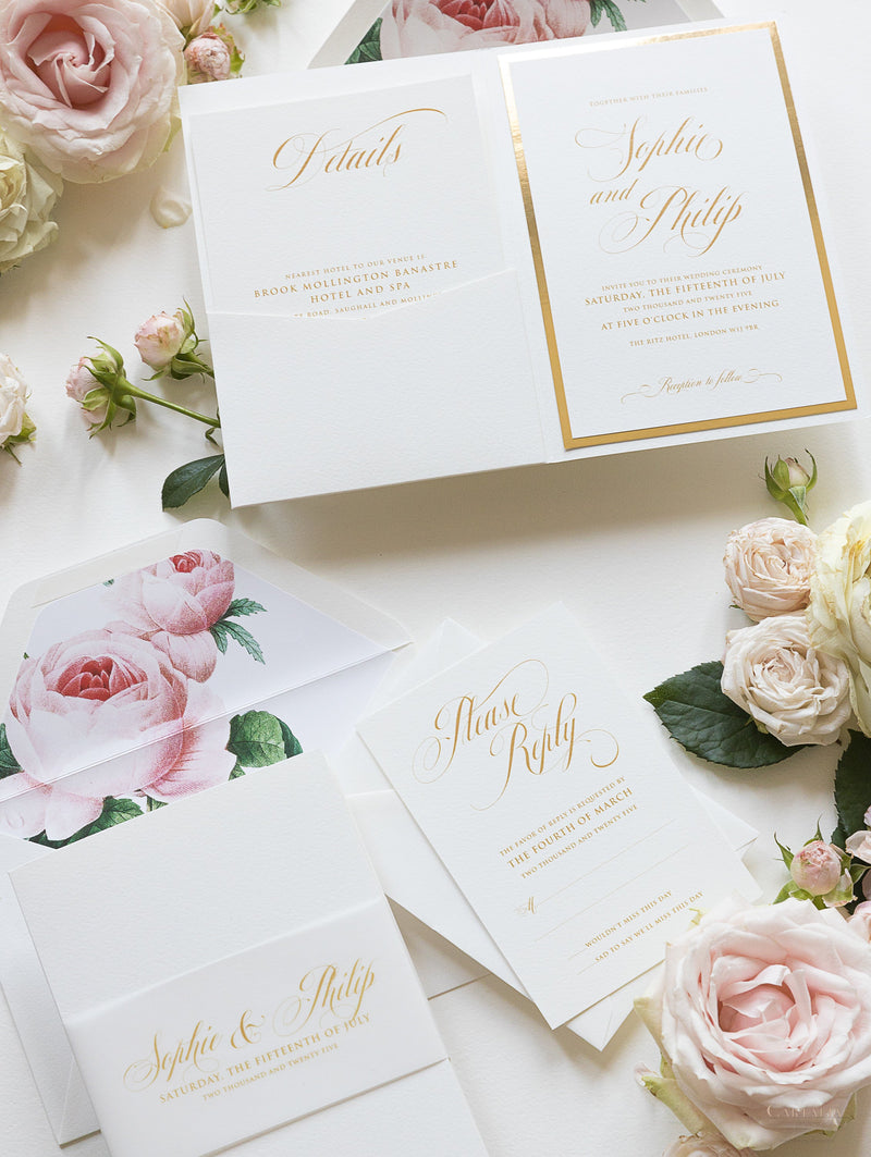 Luxury Gold Foil and Cream Romantic Roses Pocket Fold  Invitation with Parchment Belly Band + Envelopes