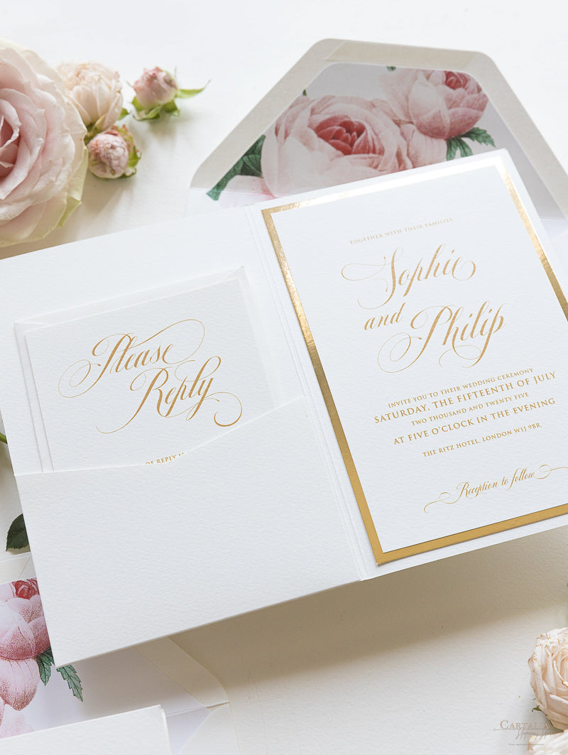 Luxury Gold Foil and Cream Romantic Roses Pocket Fold  Invitation with Parchment Belly Band + Envelopes