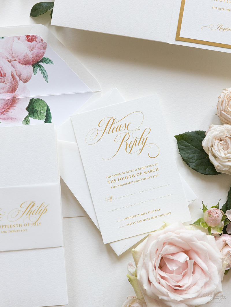 Luxury Gold Foil and Cream Romantic Roses Pocket Fold  Invitation with Parchment Belly Band + Envelopes